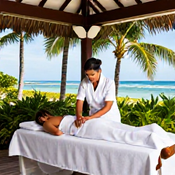 Caribbean Holidays, Caribbean Spa Treatments, A Caribbean therapist giving a relaxing massage in an open-air pavilion surrounded by palm trees and ocean views