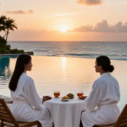 Caribbean Holidays, Caribbean Spa Treatments, A couple relaxing in a Caribbean wellness spa beside an infinity pool, with herbal tea, white robes and a sunset sea view