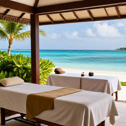 Caribbean Holidays, Caribbean Spa Treatments, A tranquil Caribbean spa overlooking a turquoise sea, with treatment beds, tropical greenery and soft natural light
