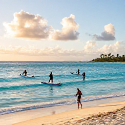 Caribbean Holidays, Caribbean Sporting Holidays, A bright Caribbean beach at sunrise with paddleboarders, kayakers and runners enjoying an active morning beside turquoise water