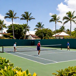 Caribbean Holidays, Caribbean Sporting Holidays, A Caribbean tennis court beside a tropical resort, with players enjoying a sunny morning surrounded by lush greenery