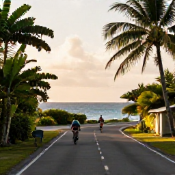 Caribbean Holidays, Caribbean Sporting Holidays, A couple cycling along a quiet Caribbean coastal road with tropical vegetation, sea views and warm afternoon light