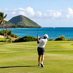 Caribbean Holidays, Caribbean Sporting Holidays, A golfer playing on a lush Caribbean golf course overlooking blue sea, with tropical hills and bright sunshine