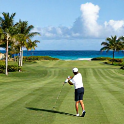 Caribbean Holidays, Caribbean Sporting Holidays, A golfer teeing off beside a bright Caribbean sea on a manicured tropical golf course