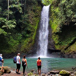 Caribbean Holidays, Caribbean Sporting Holidays, A group of travellers hiking through lush Caribbean rainforest beside a clear waterfall