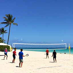 Caribbean Holidays, Caribbean Sporting Holidays, A group playing tennis and beach volleyball at a Caribbean resort with palm trees and a calm sea in the background