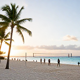 Caribbean Holidays, Caribbean Sporting Holidays, A lively Caribbean beach at sunrise with travellers playing beach volleyball, palm trees, turquoise sea and a relaxed holiday atmosphere