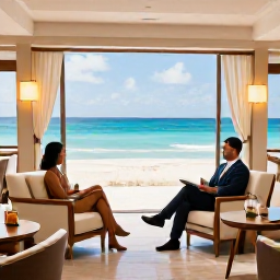 Caribbean Holidays, Caribbean Sporting Holidays, Business class traveller relaxing in an elegant Caribbean resort lounge overlooking a turquoise beach