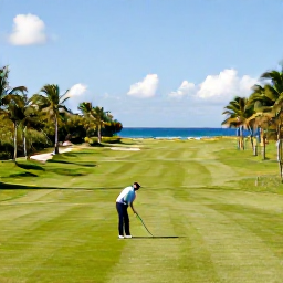 Caribbean Holidays, Caribbean Sporting Holidays, Championship golf course overlooking a Caribbean coastline, with palm trees, manicured fairways and a golfer preparing to tee off