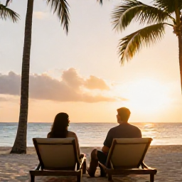 Caribbean Holidays, Caribbean Sporting Holidays, Couple relaxing at an elegant Caribbean resort after a day of sport, with beach loungers, palm trees and a golden sunset