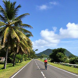 Caribbean Holidays, Caribbean Sporting Holidays, Cyclists riding on a quiet Caribbean island road with palms, green hills and ocean views