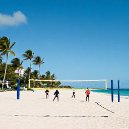 Caribbean Holidays, Caribbean Sporting Holidays, Friendly solo travellers playing beach tennis and volleyball on a sunny Caribbean beach near palm trees