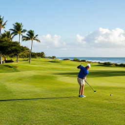 Caribbean Holidays, Caribbean Sporting Holidays, Golfer playing on a lush Caribbean course with ocean views, tropical vegetation and bright morning light
