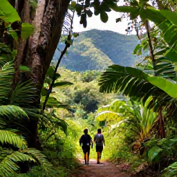 Caribbean Holidays, Caribbean Sporting Holidays, Hikers walking along a lush Caribbean rainforest trail with tropical plants, dramatic hills and sunlight filtering through the trees