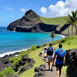 Caribbean Holidays, Caribbean Sporting Holidays, Hikers walking along a scenic Caribbean coastal trail with turquoise sea, palms and rugged volcanic hills