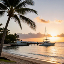 Caribbean Holidays, Caribbean Sporting Holidays, Luxury Caribbean beach resort with a deep-sea fishing boat leaving a palm-fringed harbour at sunrise