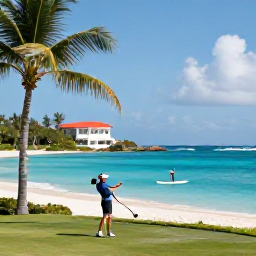 Caribbean Holidays, Caribbean Sporting Holidays, Luxury Caribbean resort beside a bright blue sea, with a golfer, tennis player and paddleboarder enjoying an elegant tropical holiday