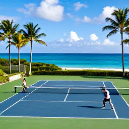Caribbean Holidays, Caribbean Sporting Holidays, Luxury Caribbean resort tennis court surrounded by palms, with two players enjoying a sunny afternoon match near the sea