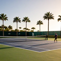 Caribbean Holidays, Caribbean Sporting Holidays, Luxury Caribbean resort with tennis courts, palm trees and guests playing tennis in warm afternoon sunshine