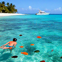 Caribbean Holidays, Caribbean Sporting Holidays, Snorkeller exploring a clear Caribbean reef filled with colourful fish, near a quiet sandy beach and a luxury boat