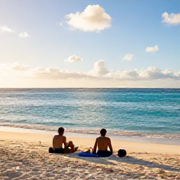 Caribbean Holidays, Caribbean Sporting Holidays, Travellers relaxing after outdoor activities at a Caribbean beach, with sports equipment nearby, golden light and calm turquoise water