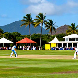 Caribbean Holidays, Caribbean Sporting Hotspots, A Caribbean cricket match on a bright green field, with palm trees, colourful spectators and island hills in the background
