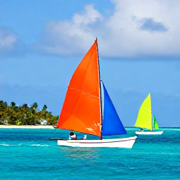 Caribbean Holidays, Caribbean Sporting Hotspots, A colourful Caribbean sailing regatta with traditional boats racing across turquoise water near a palm-fringed island