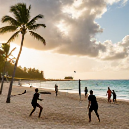 Caribbean Holidays, Caribbean Sporting Hotspots, A lively Caribbean beach with people playing beach volleyball, bright tropical water, palm trees and dramatic sunset light