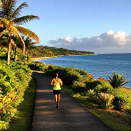 Caribbean Holidays, Caribbean Sporting Hotspots, A runner on a scenic Caribbean coastal path at sunrise, with tropical vegetation, blue sea and distant hills
