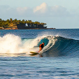 Caribbean Holidays, Caribbean Sporting Hotspots, A surfer riding a clean tropical wave beside a Caribbean island, with golden morning light and deep blue sea