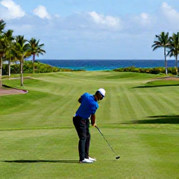 Caribbean Holidays, Caribbean Sports, A golfer taking a shot on a green Caribbean golf course with palm trees, rolling fairways and blue sea beyond