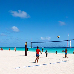 Caribbean Holidays, Caribbean Sports, A lively Caribbean beach with visitors playing beach volleyball and enjoying bright blue sea under a clear sky
