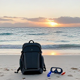 Caribbean Holidays, Caribbean Sports, A relaxed backpacker beside a Caribbean beach with a small rucksack, snorkel gear and sunset over the sea