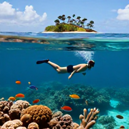 Caribbean Holidays, Caribbean Sports, A snorkeller exploring a clear Caribbean reef with colourful fish, coral and a small sandy island visible above the water