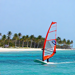 Caribbean Holidays, Caribbean Sports, A windsurfer gliding across calm turquoise Caribbean water with palm trees and a sandy beach in the background