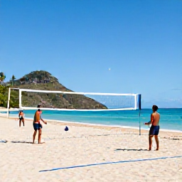 Caribbean Holidays, Caribbean Sports, Active travellers playing beach volleyball beside a bright Caribbean sea, palm trees and island hills in the background