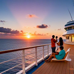 Caribbean Holidays, Caribbean Sports Cruises, A couple relaxing on a cruise ship balcony after an active day, with a colourful Caribbean sunset behind them