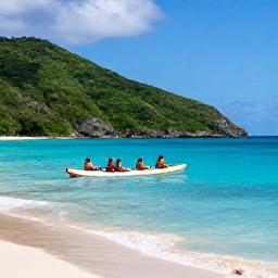 Caribbean Holidays, Caribbean Sports Cruises, A small group kayaking along a turquoise Caribbean coastline with green hills and a sandy beach