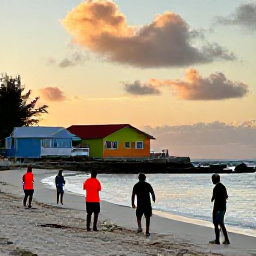 Caribbean Holidays, Caribbean Sports, Friendly Caribbean locals and travellers playing football on a sandy beach at sunset, with colourful houses nearby