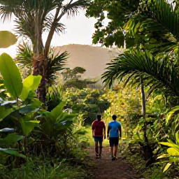 Caribbean Holidays, Caribbean Sports, Hikers walking along a lush Caribbean rainforest trail with tropical plants, distant hills and warm sunlight