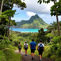Caribbean Holidays, Caribbean Sports, Hikers walking through lush Caribbean rainforest towards a viewpoint overlooking turquoise sea and green volcanic mountains