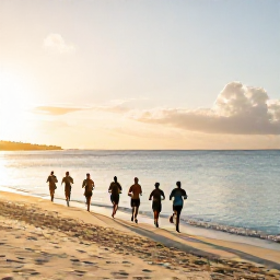 Caribbean Holidays, Caribbean Sports Holidays, A bright Caribbean beach at sunrise with a small group of travellers jogging beside calm turquoise water