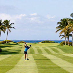 Caribbean Holidays, Caribbean Sports Holidays, A golfer playing on a tropical Caribbean course with palm trees, green fairways and distant blue sea
