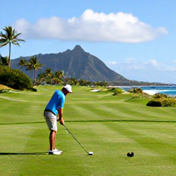 Caribbean Holidays, Caribbean Sports Holidays, A golfer teeing off on a green Caribbean golf course overlooking the sea, with palm trees and mountains in the distance