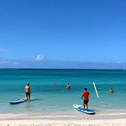 Caribbean Holidays, Caribbean Sports Holidays, A lively Caribbean beach with paddleboards, beach football and snorkellers enjoying clear turquoise water beneath a bright blue sky