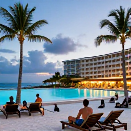 Caribbean Holidays, Caribbean Sports Holidays, Active holidaymakers relaxing at a Caribbean beachfront hotel after sport, with loungers, palms and a glowing evening sky