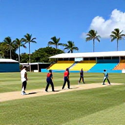 Caribbean Holidays, Caribbean Sports Holidays, Cricket players competing on a sunny Caribbean ground with palm trees and colourful stands in the background