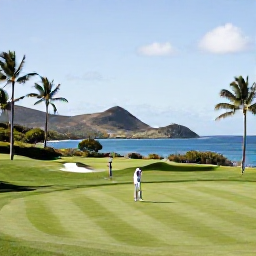 Caribbean Holidays, Caribbean Sports Holidays, Golfers playing on a green Caribbean golf course overlooking the sea, with palm trees and rolling hills