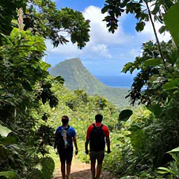 Caribbean Holidays, Caribbean Sports Holidays, Hikers walking through lush Caribbean rainforest towards a viewpoint overlooking mountains and the sea