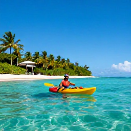 Caribbean Holidays, Caribbean Sports Holidays, Travellers kayaking through clear Caribbean water near a green tropical coastline under a sunny blue sky